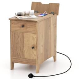 Costway Narrow Nightstand End Table Bedroom w/Charging Station in Natural - thumbnail 1