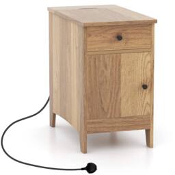 Costway Narrow Nightstand End Table Bedroom w/Charging Station in Natural - thumbnail 9