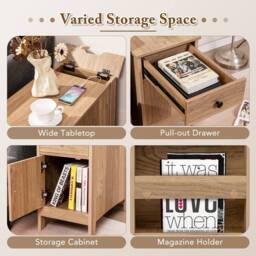 Costway Narrow Nightstand End Table Bedroom w/Charging Station in Natural - thumbnail 5
