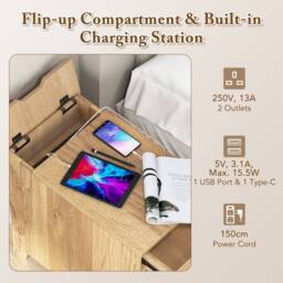 Costway Narrow Nightstand End Table Bedroom w/Charging Station in Natural - thumbnail 6