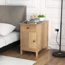Costway Narrow Nightstand End Table Bedroom w/Charging Station in Natural - thumbnail 3