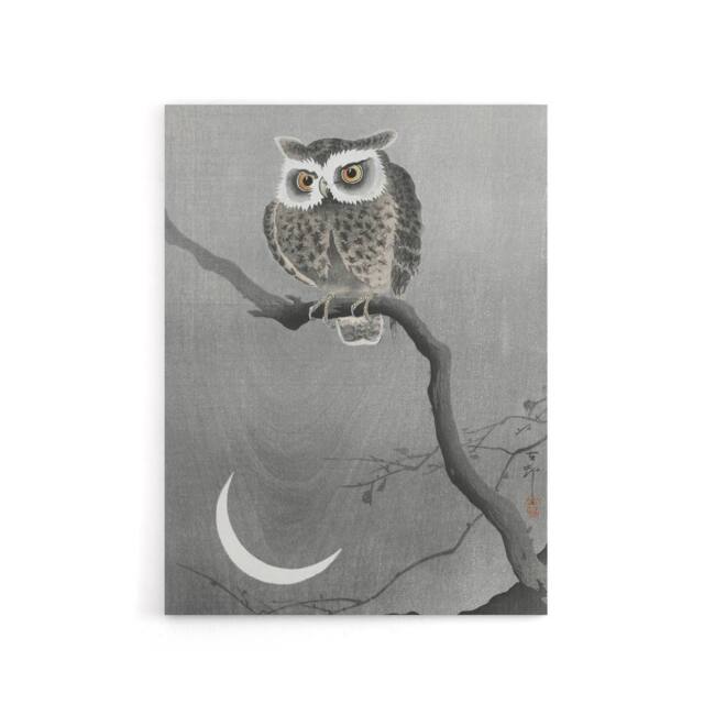 "Artery8 Long Eared Owl On Tree Branch Canvas Wall Art Print Ohara Koson in Grey - Size: W18"" x H24""" - image 1