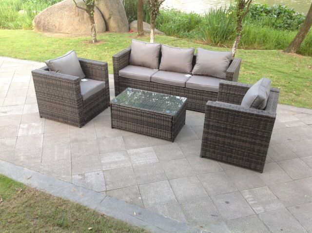 Fimous Lounge Rattan Sofa Set Outdoor Garden Furniture With 2 Chairs & Rectangular Coffee Table in Dark Grey - image 1