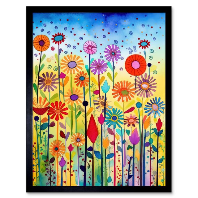 "Artery8 Wall Art Print Tall Mixed Flowers Folk Art Watercolour Painting Art Framed in Black - Size: W12"" x H16""" - image 1
