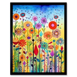 "Artery8 Wall Art Print Tall Mixed Flowers Folk Art Watercolour Painting Art Framed in Black - Size: W12"" x H16""" - thumbnail 1
