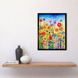 "Artery8 Wall Art Print Tall Mixed Flowers Folk Art Watercolour Painting Art Framed in Black - Size: W12"" x H16""" - thumbnail 2