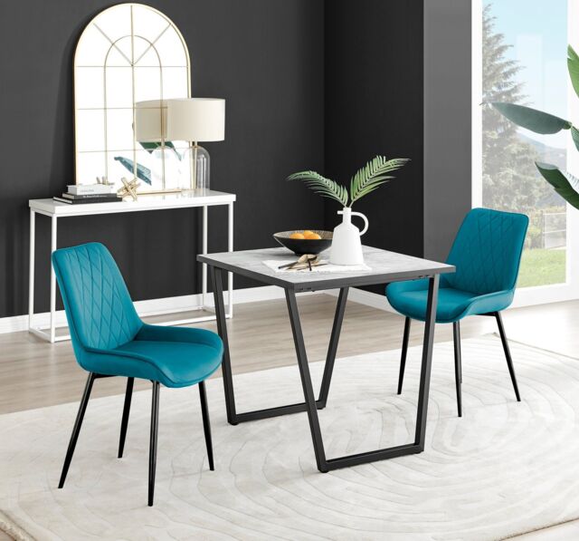 FurnitureboxUK Carson White Marble Effect Square Dining Table & 2 Velvet Pesaro Black Leg Chairs in Blue - image 1