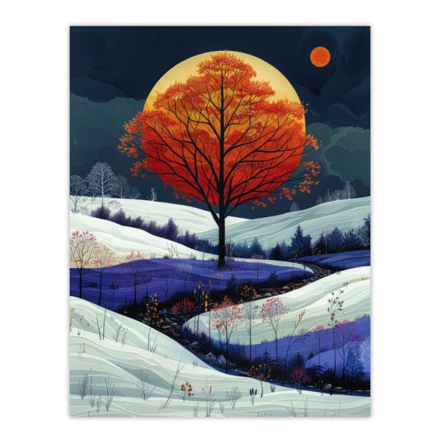 "Artery8 Wall Art Print Autumn Tree at Night by Moon Painting Dream Snow Poster in Grey - Size: W12"" x H16""" - image 1