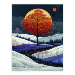 "Artery8 Wall Art Print Autumn Tree at Night by Moon Painting Dream Snow Poster in Grey - Size: W12"" x H16""" - thumbnail 1