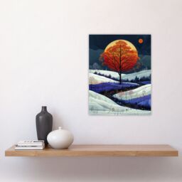 "Artery8 Wall Art Print Autumn Tree at Night by Moon Painting Dream Snow Poster in Grey - Size: W12"" x H16""" - thumbnail 4