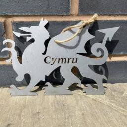 Poppyforge Hanging Welsh Dragon Garden Art - W20 x H14 cm - Cymru in Silver
