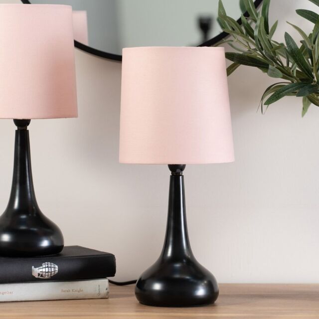ValueLights Teardrop Pair of Compact Fabric Shades Black Bedside Touch Table Lamps in Baby Pink - image 1