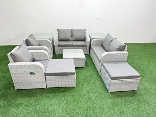 Fimous 8 Seater Outdoor Reclining Chair Love Sofa Set Rattan Garden Furniture Set with Square Coffee Table 2 Big FootStools 2 Side Table Light Grey - image 1