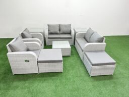 Fimous 8 Seater Outdoor Reclining Chair Love Sofa Set Rattan Garden Furniture Set with Square Coffee Table 2 Big FootStools 2 Side Table Light Grey - thumbnail 2