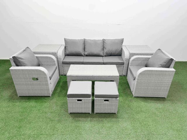Fimous PE Rattan Garden Furniture Set Reclining Chair Sofa Lounge Sofa Set Rectangular Coffee Table 2 Side Table 2 Small Stools Light Grey - image 1