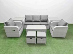 Fimous PE Rattan Garden Furniture Set Reclining Chair Sofa Lounge Sofa Set Rectangular Coffee Table 2 Side Table 2 Small Stools Light Grey - thumbnail 1