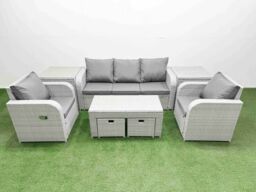 Fimous PE Rattan Garden Furniture Set Reclining Chair Sofa Lounge Sofa Set Rectangular Coffee Table 2 Side Table 2 Small Stools Light Grey - thumbnail 2