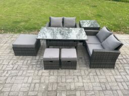 Fimous 7 Seater High Back Outdoor Garden Furniture Rattan Sofa Dining Table Set with 3 Footstools Side Table Dark Grey Mixed - thumbnail 1