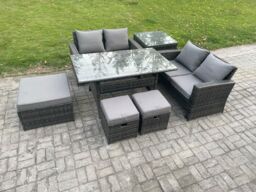 Fimous 7 Seater High Back Outdoor Garden Furniture Rattan Sofa Dining Table Set with 3 Footstools Side Table Dark Grey Mixed - thumbnail 2