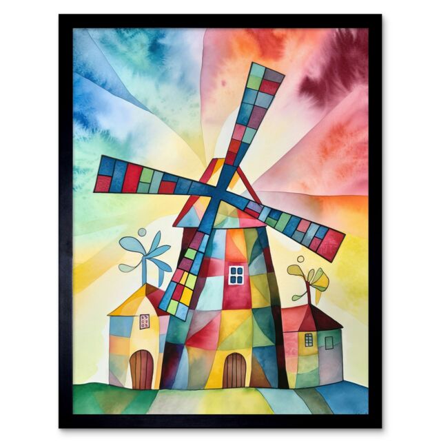 "Artery8 Wall Art Print Windmill Folk Art Abstract Bright Art Framed in Black - Size: W12"" x H16""" - image 1