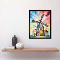 "Artery8 Wall Art Print Windmill Folk Art Abstract Bright Art Framed in Black - Size: W12"" x H16""" - thumbnail 2