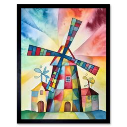 "Artery8 Wall Art Print Windmill Folk Art Abstract Bright Art Framed in Black - Size: W12"" x H16""" - thumbnail 1