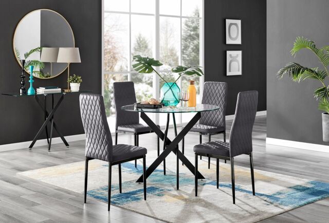 FurnitureboxUK Novara 4 Seater Black Leg Round Glass Dining Table & 4 Milan Soft Velvet Black Leg Chairs in Grey - image 1