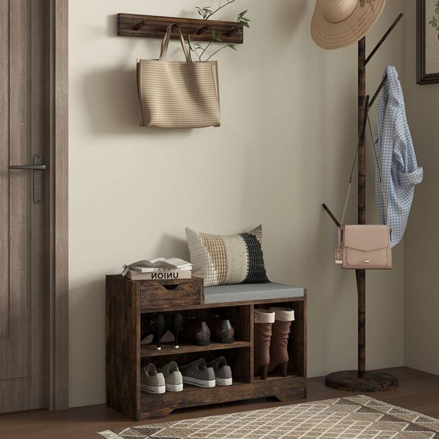 HOMCOM Upholstered Entryway Shoe Bench with Storage Drawer Open Shelf in Brown - image 1