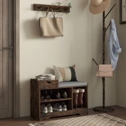 HOMCOM Upholstered Entryway Shoe Bench with Storage Drawer Open Shelf in Brown - thumbnail 1