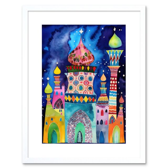 "Artery8 Wall Art Print Mosque At Midnight Folk Artwork Framed 9X7 Inch in White - Size: W7"" x H9""" - image 1