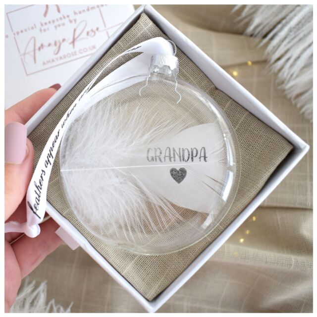 Amaya Rose Ltd In Memory of Grandpa Feather Round Bauble Gift Boxed. Memorial Decor in Clear