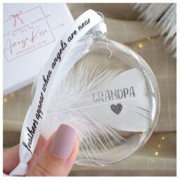 Amaya Rose Ltd In Memory of Grandpa Feather Round Bauble Gift Boxed. Memorial Decor in Clear - thumbnail 2