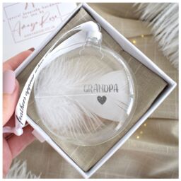 Amaya Rose Ltd In Memory of Grandpa Feather Round Bauble Gift Boxed. Memorial Decor in Clear - thumbnail 1