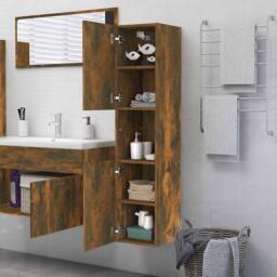 Berkfield Home Modern Bathroom Cabinet Smoked Oak 30x30x130 cm Engineered Wood in Brown - Size: 30 x 30 x 130 cm - thumbnail 4