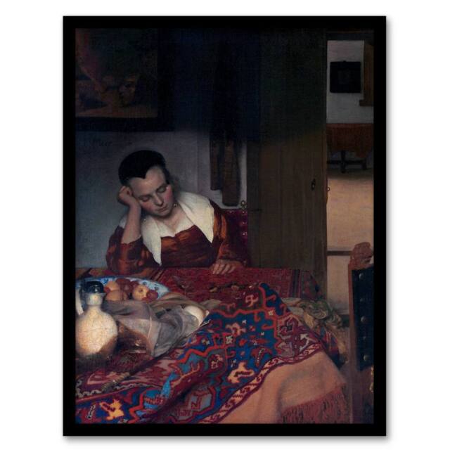 Artery8 Johannes Vermeer Framed Wall Art A Maid Asleep Portrait Painting - Size: A4 - image 1