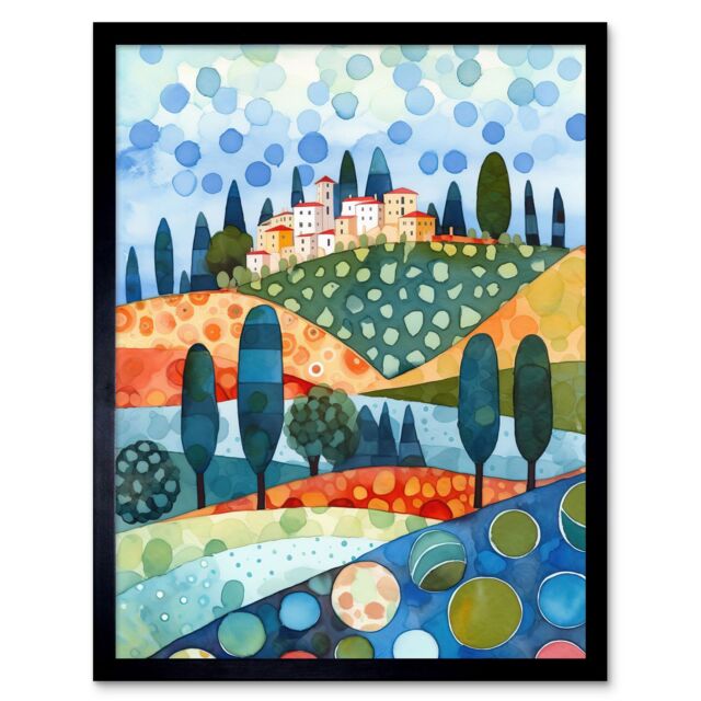 "Artery8 Wall Art Print Italian Abstract Landscape Folk Art Framed in Black - Size: W12"" x H16""" - image 1