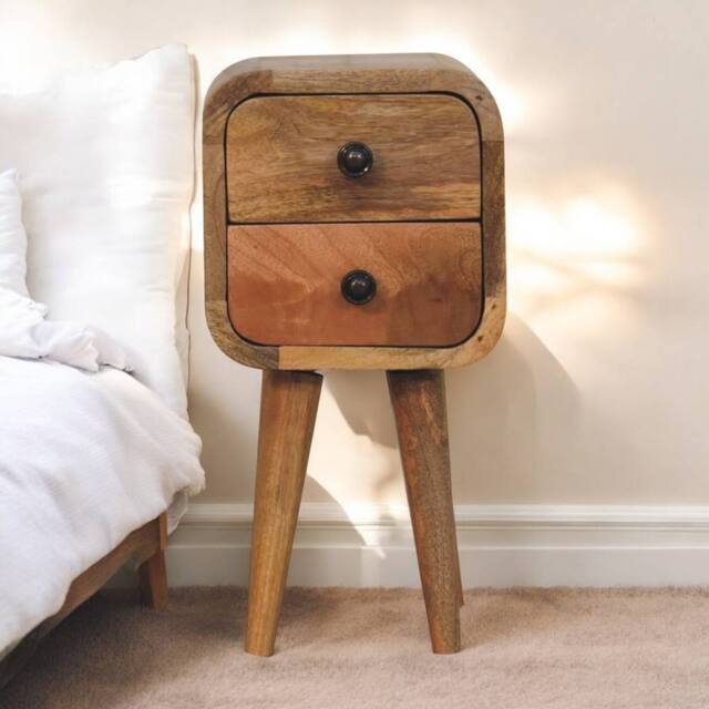 Direct Wicker Solid Wood Extra Mini Curved Oak-ish Bedside, 2 Drawers in Brown - Size: 1 Pack - image 1