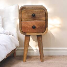 Direct Wicker Solid Wood Extra Mini Curved Oak-ish Bedside, 2 Drawers in Brown - Size: 1 Pack - thumbnail 1