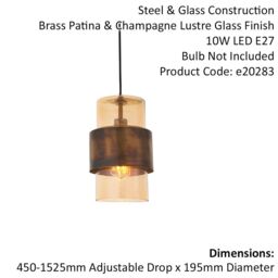 Loops Antique Brass Ceiling Pendant Light - Champagne Glass Shade Single Bulb Fitting in Clear - thumbnail 2
