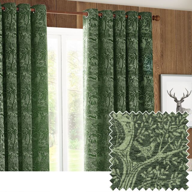 Furn Winter Woods Animal Chenille Eyelet Curtain Pair in Emerald - Size: 117 cm width x 137 cm drop - image 1