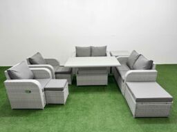 Fimous 9 Seater Outdoor Reclining Chair Love Sofa Set Rattan Garden Furniture Set w/ Adjustable Lifting Dining or Coffee Table 3 Stools Side Table - thumbnail 1