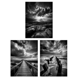 Artery8 Wall Art Print Set of 3 Atmospheric Clouds Black & White Photographs Dramatic Coastal Landscapes Living Room Poster s Pack - thumbnail 1