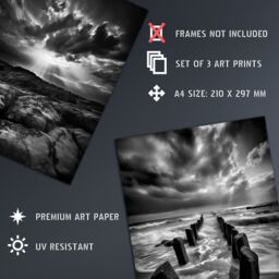 Artery8 Wall Art Print Set of 3 Atmospheric Clouds Black & White Photographs Dramatic Coastal Landscapes Living Room Poster s Pack - thumbnail 4