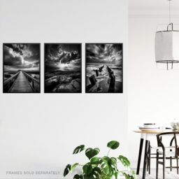 Artery8 Wall Art Print Set of 3 Atmospheric Clouds Black & White Photographs Dramatic Coastal Landscapes Living Room Poster s Pack - thumbnail 3
