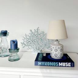 Wyld and Coco Beige and Blue Embossed Ceramic Table Lamp with Warm Fabric Shade