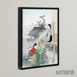 "Artery8 Caring For The Chrysanthemums Framed Canvas Wall Art Print Ogata Gekko in Green - Size: W12"" x H16""" - thumbnail 2