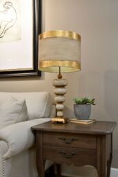 Loops Table Lamp Gold Base Textured Pebble Shapes Gold Leaf Striped Shade LED E27 60W - thumbnail 2