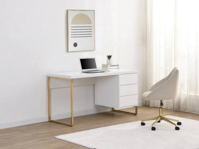Vente-unique Desk With 3 Drawers - Lacquered MDF & Metal - White & Gold - image 1