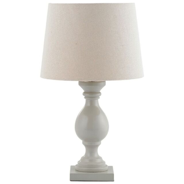 Loops Classic Wooden Table Lamp Taupe & Off-White Linen Shade Pretty Bedside Light in White - image 1