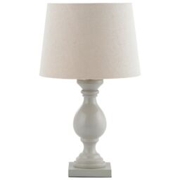 Loops Classic Wooden Table Lamp Taupe & Off-White Linen Shade Pretty Bedside Light in White